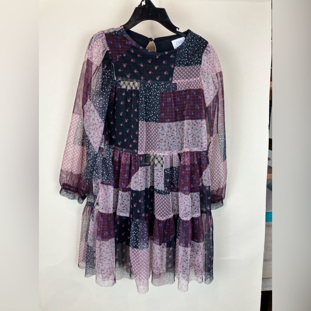 Zara Black and Pink patchwork Patterned Chiffon Dress Size 6